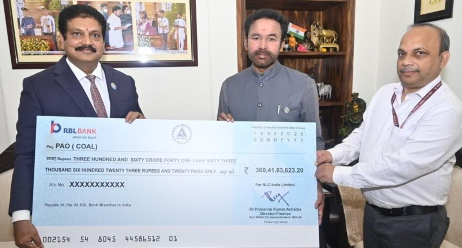 CMD NLC India Limited Hands Over 360 Crore Interim Dividend To Union Minister of Coal and Mines G Kishan Reddy Garu