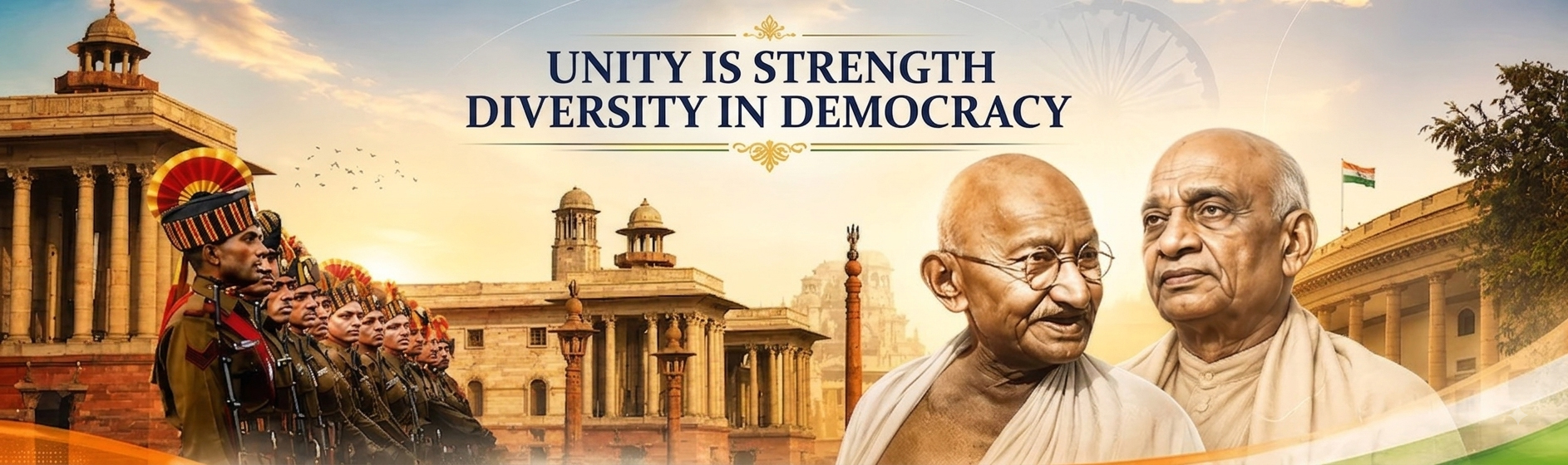 Unity is Strength, Diversity in Democracy - Mahatma Gandhi and Sardar Vallabhbhai Patel in front of the Rashtrapati Bhavan