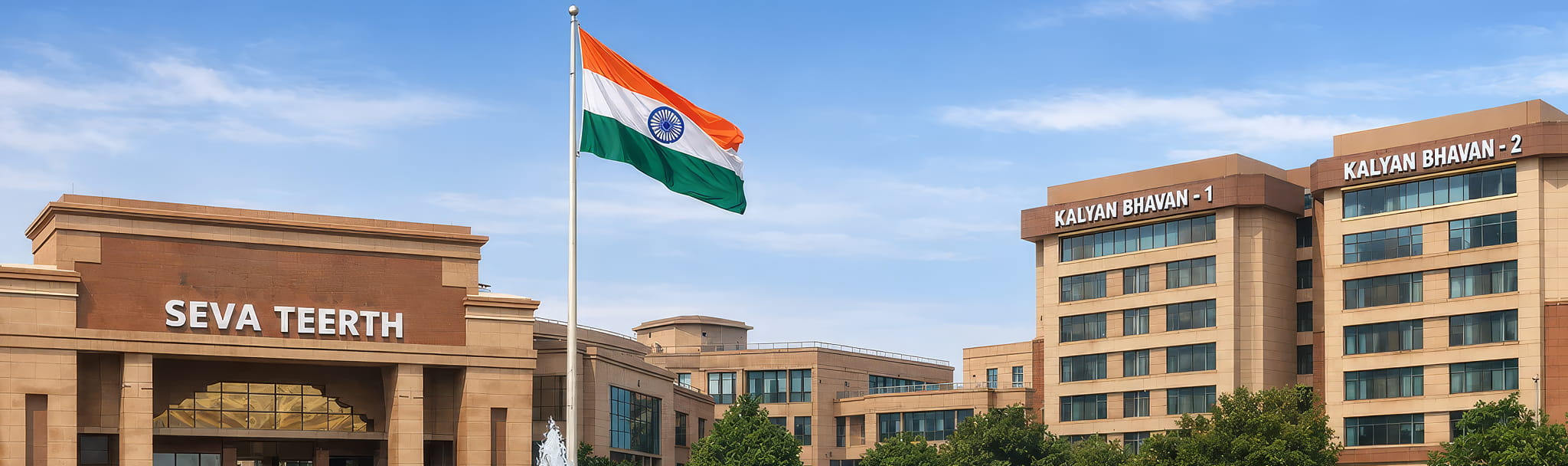 Indian flag flying over the Seva Teerth and Kalyan Bhavan buildings