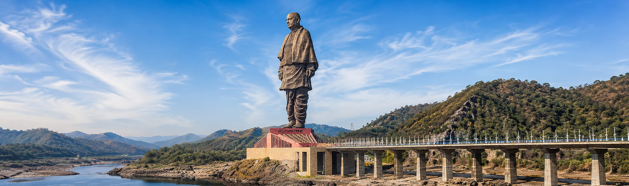 Statue of Unity overlooking the Narmada river